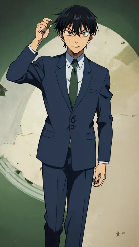 fushiguro toji, 1male, solo, dark blue suit, green necktie, dark blue slack, black hair, evil face