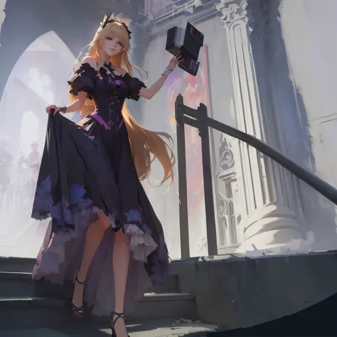 there is a woman in a dress that is walking up the stairs, zerochan art, painted in anime painter studio, made with anime painter studio, video game fanart, pixiv contest winner, by Shingei, commission for high res, danbooru and artstation, game art!!, fro...