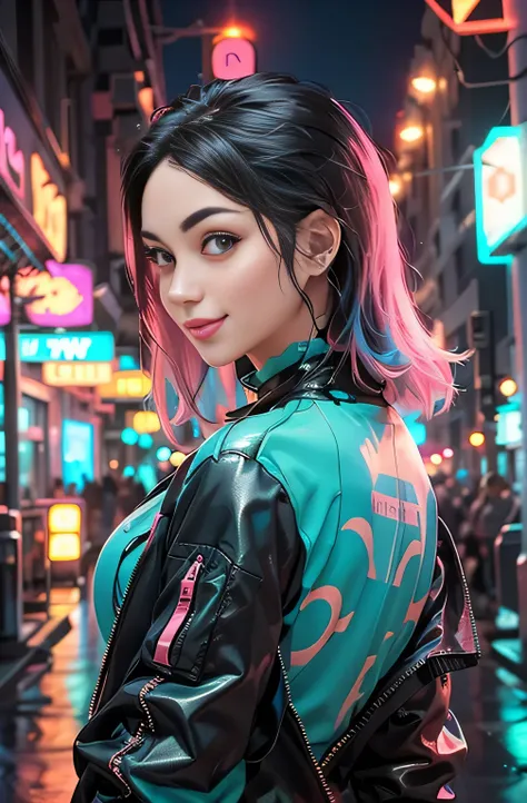 cyberpunk female woman wearing (turquoise Jacket with chromatic accents:1.1), sleek pink and White full bodysuit, side view turning to face camera, (Petal Blush, Lagoon Blue color background:1.3), amazing smile, looking at camera, neon lights 