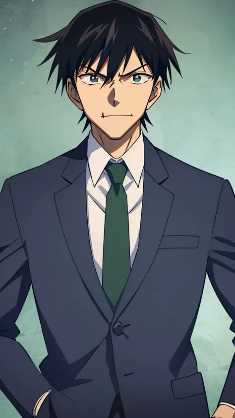 fushiguro toji, 1male, solo, dark blue suit, green necktie, dark blue slack, black hair, evil face