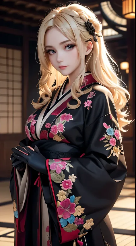 face forward, A beautiful woman, Light blonde hair, soft loose curls, black gloves, Elaborate Costumes(High-end kimono(Black kimono(Detailed embroidery))), black lace gloves, Light blonde hair, soft loose curls, elegant and mysterious atmosphere, indoor se...