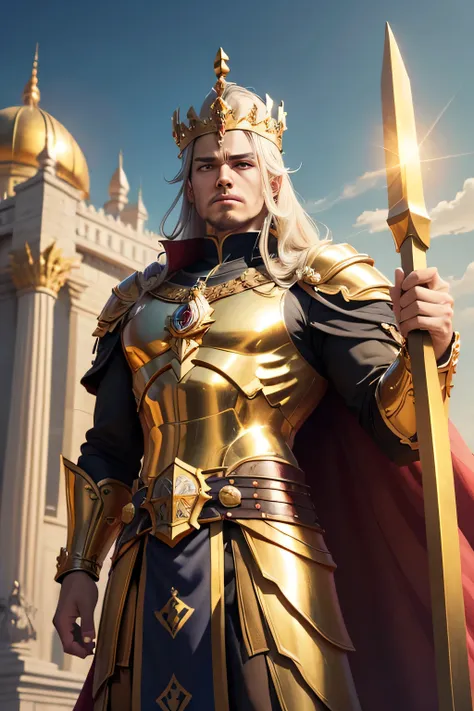 The first mural shows King Aggramas standing proudly, adorned in golden armor with a crown on his head. In his left hand, he holds a royal scepter, and in his right, a massive sword. Behind him is a vast cityscape featuring tall towers, grand temples, and ...