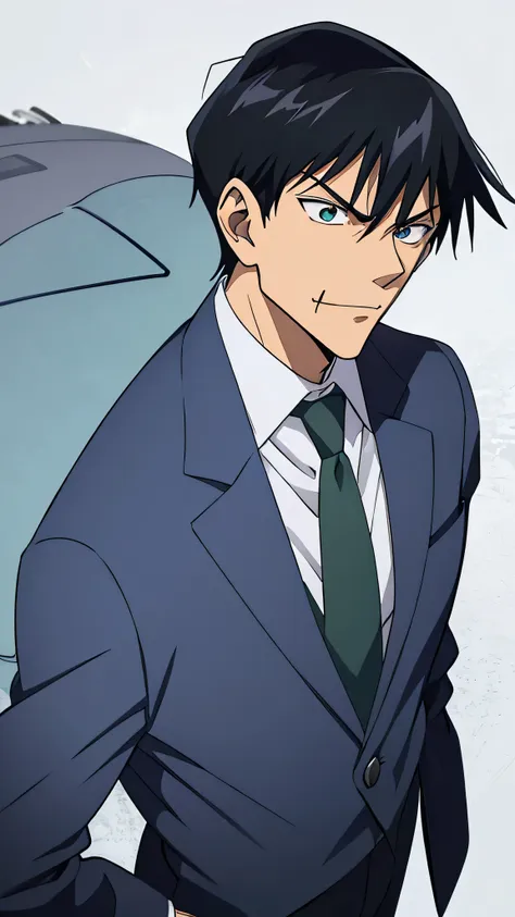 fushiguro toji, 1male, solo, dark blue suit, green necktie, dark blue slack, black hair, evil face