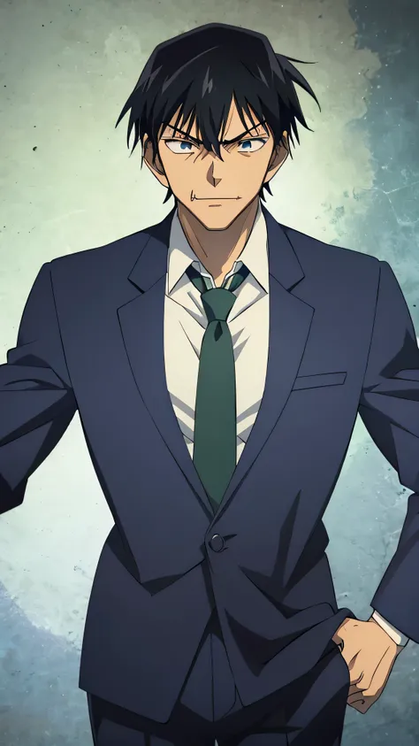 fushiguro toji, 1male, solo, dark blue suit, green necktie, dark blue slack, black hair, evil face