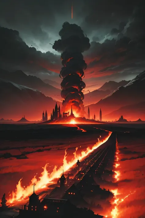 The mural shows a battlefield, where Aggramas soldiers fight against grotesque, otherworldly creatures with long arms and black wings. The sky is painted in deep red, filled with smoke and flames. The soldiers of Aggramas’ kingdom fall one by one, overwhel...