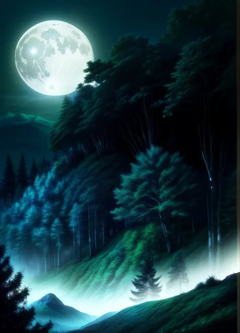 a magical enchanted forest, full moon rising from behind the hills, people wandering through the lush greenery, beautiful detail...