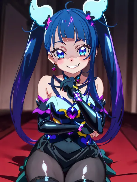 Highest quality, Very detailed,One Girl, alone, {cure_null_hirogarunullprecure:1.15}, Dark blue hair, blue eyes, Blue flames in the eyes, Long Hair, Twin tails, Magical girl, bangs, Open your mouth, Redhead, multicoloRedhead, One Girl, blunt bangs, Darken ...