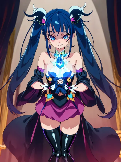 Highest quality, Very detailed,One Girl, alone, {cure_null_hirogarunullprecure:1.15}, Dark blue hair, blue eyes, Blue flames in the eyes, Long Hair, Twin tails, Magical girl, bangs, Open your mouth, Redhead, multicoloRedhead, One Girl, blunt bangs, Darken ...