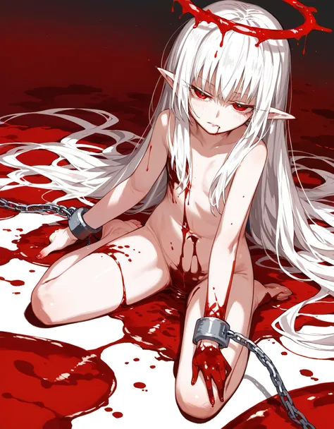 1girl, solo, (abyss, magma, blood), full body, close to viewer, Gloomy painting style, grotesque pool blood background, Lucifer,
Anime Girls, ((naked, hair to cover ones skin)), pale skin, albino, white long hair, (red body crest, devil horn, devil arm), b...