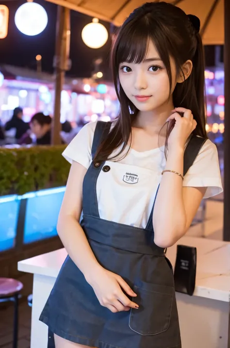 One girl (Twenty years old, Japanese pretty face) are wearing apron, mini skirt at the moon night cafe outside