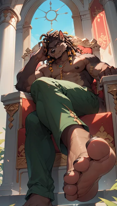 big, furry, muscular male, black wolf, dreadlocks hair, mature man, sitting on throne, barefoot, green pants, topless, crossed l...