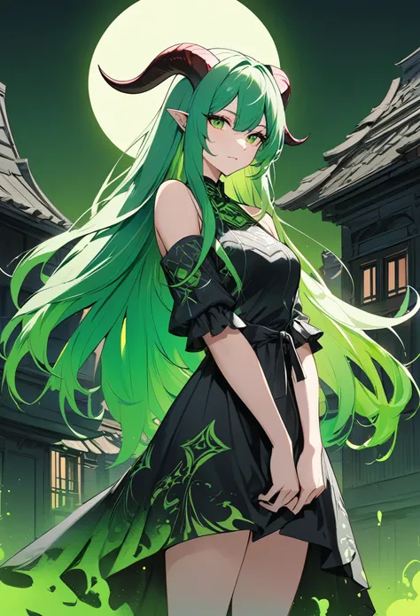 dark，Western-style building，cool，Western style Anime style Green gradient background Devil woman Beautiful Top quality Moon Green hair Long hair Bright Thick paint Goat horns Dress