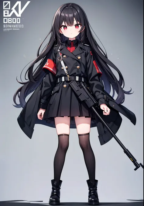 No background，Very accurate details，Standing posture，1.7 meters tall，Fighting Style，Handsome，8K Wallpaper，Black pupil，Black long hair，Height 1.6 meters，Eighteen-year-old beautiful girl，Black skirt，Military dress black trench coat，Black over-the-knee socks ...