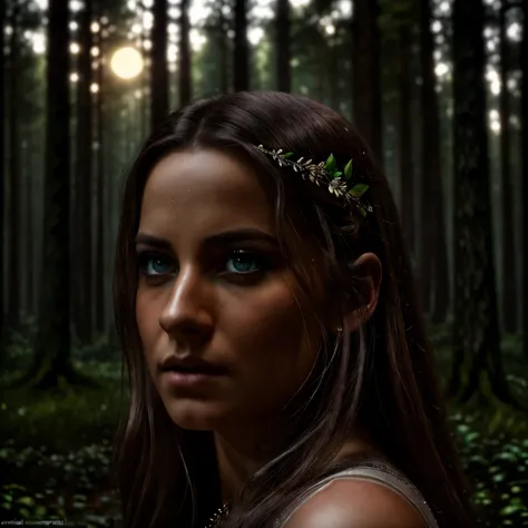 a magical enchanted forest, full moon rising from behind the hills, people wandering through the lush greenery, beautiful detailed eyes,beautiful detailed lips,extremely detailed eyes and face,longeyelashes, fantasy landscape, moody lighting, dramatic shad...