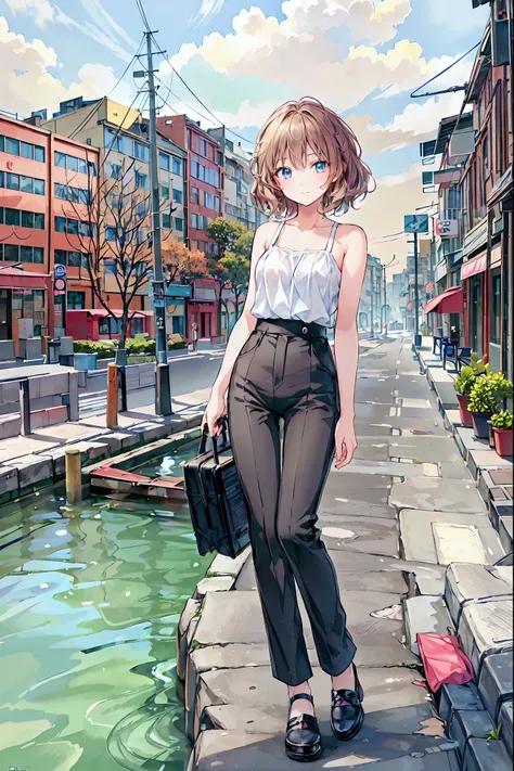 (((masterpiece))), (anime:1.5), ((Best Quality)), (RAW Photos:1.2), (High resolution:1.3), (Professional photography:1.2), (chromatic aberration), A girl traveling, (Serious), Observe the audience, Black camisole,  Disheveled Hair, Medium Hair, (Put your h...