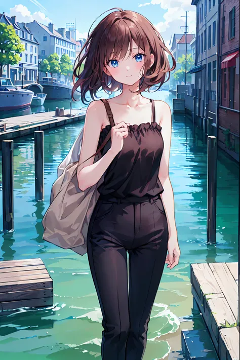 (((masterpiece))), (anime:1.5), ((Best Quality)), (RAW Photos:1.2), (High resolution:1.3), (Professional photography:1.2), (chromatic aberration), A girl traveling, (Serious), Observe the audience, Black camisole,  Disheveled Hair, Medium Hair, (Put your h...