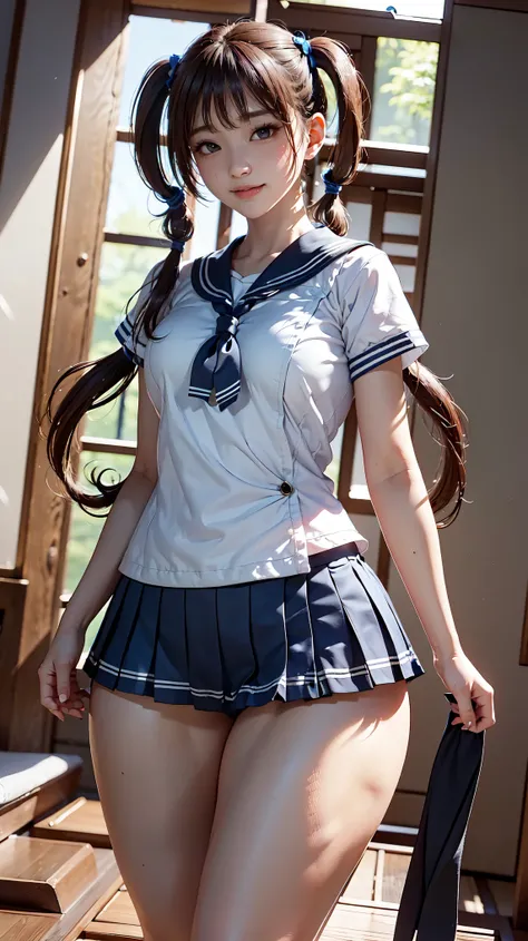 Realistic、Best Quality、Highest quality、Anatomically correct、Accurate Anatomy、Blue blank background、Shooting from below、Photographed from the waist up、A cute Japanese woman is standing in front of me.、Smiling with some teeth showing、(Japanese schoolgirl、Sta...