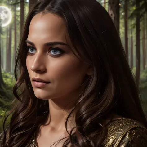 a magical enchanted forest, full moon rising from behind the hills, people wandering through the lush greenery, beautiful detailed eyes,beautiful detailed lips,extremely detailed eyes and face,longeyelashes, fantasy landscape, moody lighting, dramatic shad...