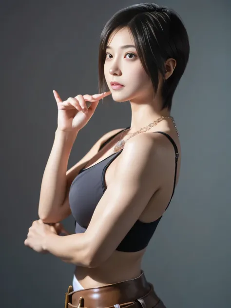 20 year old Japanese beauty，One woman、Muscular body like a bodybuilder、Emphasize the breasts、Slit eyes、A head-to-toe view，Bust is very very large、The background is a bed、High quality photos、Clear, crisp images of the lower body、Masterpiece 8k、From the fron...