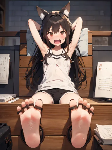 small animal ears　barefoot　long hair　brown hair　cry　small breasts　black short pants　whole body　open your mouth　high resolution　w...