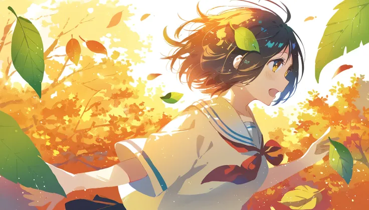 score_9, score_8_up, score_7_up, score_6_up, score_5_up, one girl surrounded by leaves floating around her, sunny, beautiful, wa...