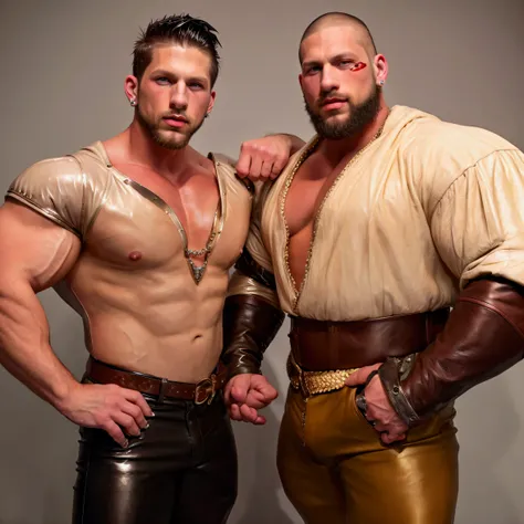 Roman Todd, facial hair, mohawk, shiny leather, huge muscles, diamond earrings