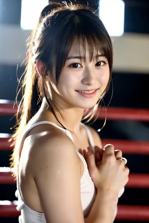 A delicate, young, and slender Japanese female pro wrestler with a beautiful, soft appearance is standing in a wrestling ring. She is gazing lovingly at the viewer with gentle eyes and a warm smile, creating a tender and affectionate moment. The scene cont...