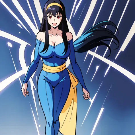 masterpiece、Best Quality、Anime Women、Alone、Watching the audience、laugh at、Long Hair、Black Hair、eyelash、Red Eyes、bangs、Hairbands、Big Breasts、A woman with very large breasts、collarbone、Blue bodysuit、Off the shoulder、Long sleeve、Yellow sash、