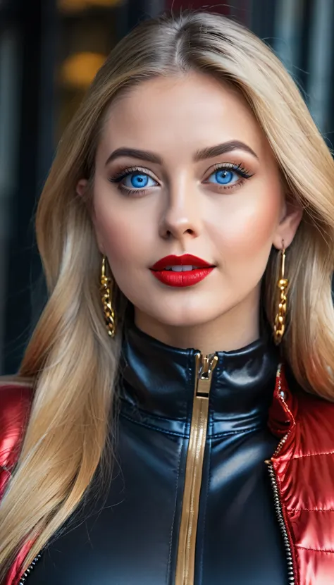 hyperrealistic beautiful busty 1 women in red longsleeve croptop with shiny metallic puffer-jacket and leather leggins, model shooting full body photography, natural golden very long straight hair, Red Lipstick, Sensual Lipstick, Sensational Make up, dark ...