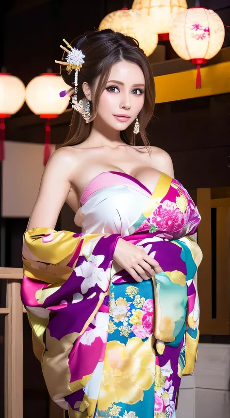 ((masterpiece(:1.4)，Best Quality，Ultra-high resolution，Best Quality，8k，Extremely detailed，detailed))。night，Fireworks，Japanese，Beautiful woman，slim，Large Breasts(1.6)，sexy，glamorous，Flashy gal makeup，Red Light District，，Prostitute，Long-sleeved kimono，Start，...