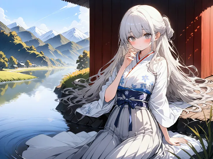 (pale white-silver hair), (flowing straight hair), shoulder-length hair, (half updo), subtle waves, gentle breeze, delicate round face, soft skin, (large gentle gray eyes), (deep gaze), petite body, traditional hakama, white hakama, pastel flower pattern, ...