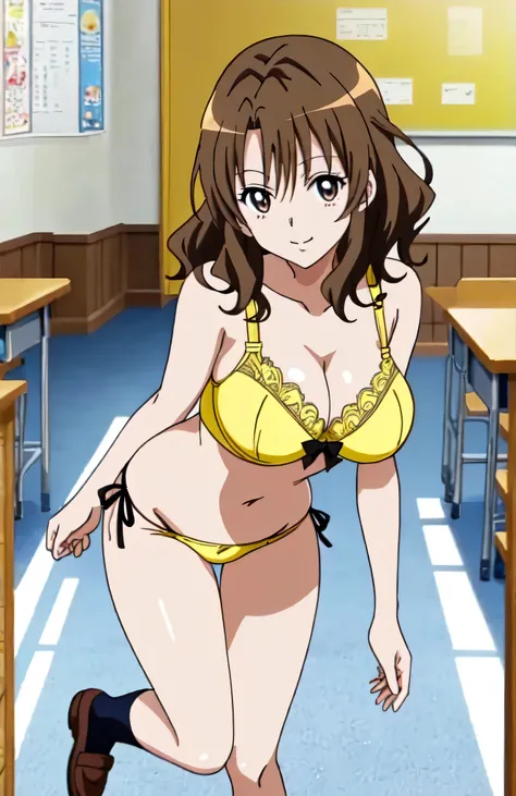 Anime Girls in a yellow bra with a black bow and yellow panty with a black bow、Woman with short brown hair、Brown eyed woman、Wavy Hair、seductive anime women、clothing:Yellow bra、Yellow panties、Black socks、Tall Woman、Sexy vibe、Anime Moe Art Style、Big Breasts、...
