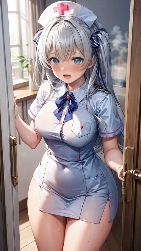 best quality,4k,8k,1girl,small breasts,((orgasm,blush,sweat,steam:1.3)),celia claire,((nurse, nurse cap, breast pocket, collared...