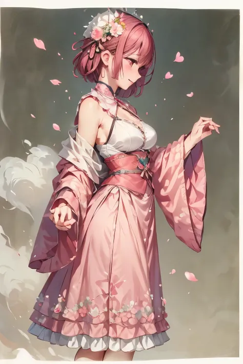 High resolution, masterpiece, Anatomically correct, Best Quality, One girl, smile、Blushing、Short Hair、Large, wide eyes、Smaller breasts、Small breasts、Pink Hair,Choker、Heart symbol、Side view、profile、petal、Sparkling、Long skirt