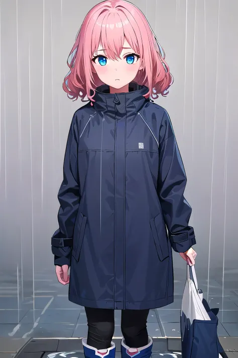 1 girl,boyish, curly hair, pink Hair, medium Breasts, Waterproof nylon jacket, Water-repellent black skinny pants, Long raincoat, Waterproof bag, Rain boots,blush,blue eyes,clearly, (white background:1.3)