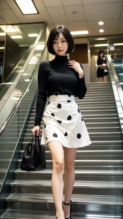 One 3 Japanese female, black bob-cut hair, wearing a Dalmatian pattern blouse, black self-cut ribbed I-line skirt, white pumps, black bag in hand, office in the morning, escalator in office building in background,