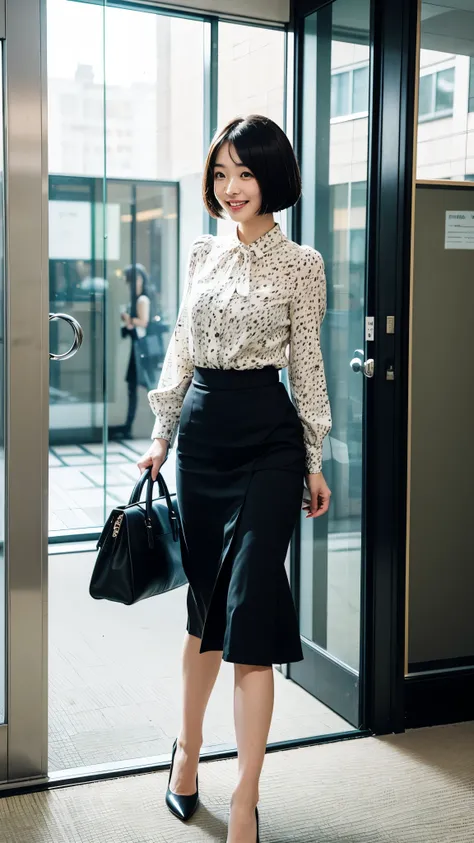 One 3 Japanese female, black bob-cut hair, wearing Dalmatian pattern blouse, black self-cut ribbed I-line skirt, white pumps, black bag in hand, walking with a smile, office in the morning, revolving door of office building in the background,