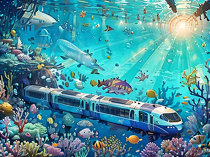 Express train runs through a transparent tube under the sea、Marine Express