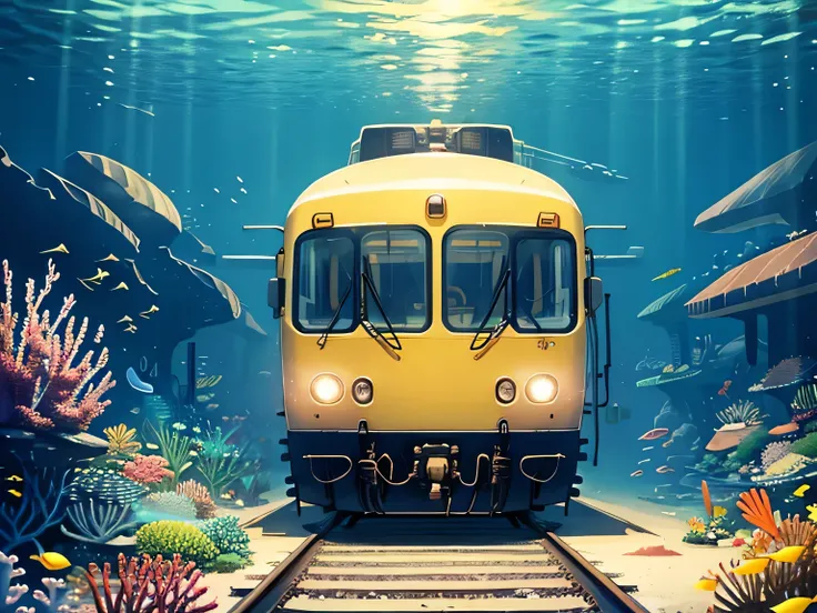 Express train runs through a transparent tube under the sea、Marine Express、yellow