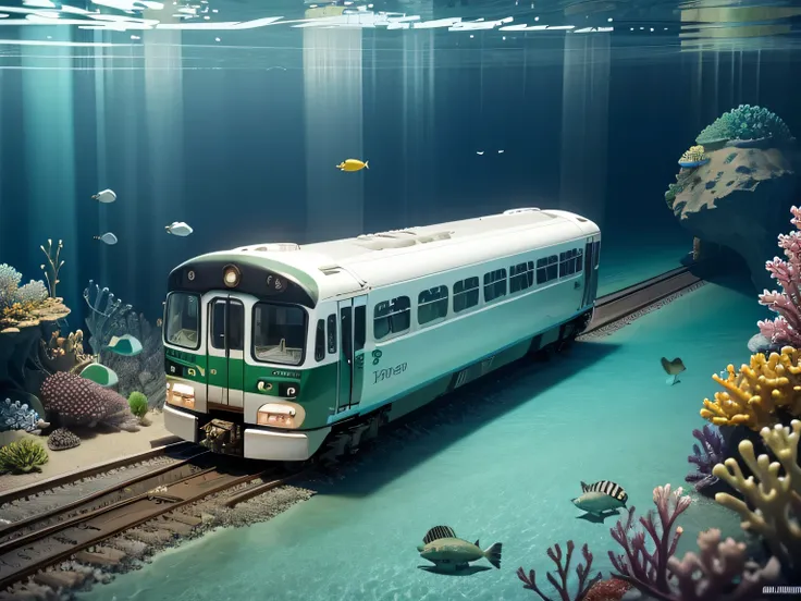 Express train runs through a transparent tube under the sea、Marine Express、White and green