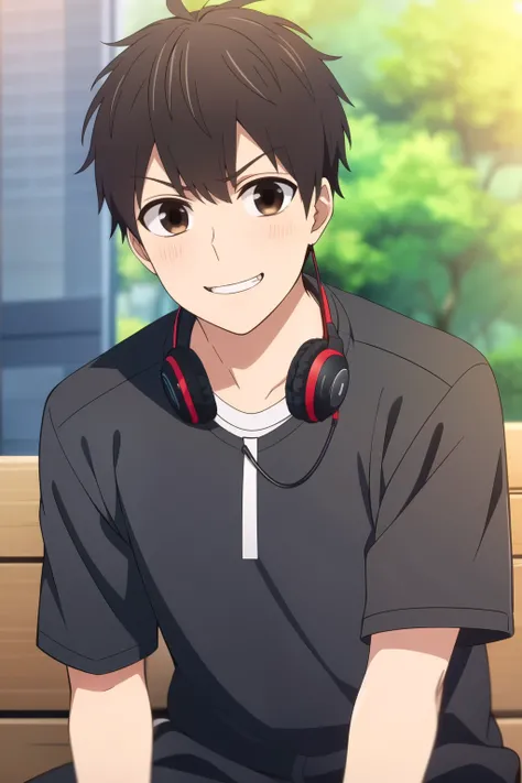 masterpiece, best quality, , 1boy, solo, male focus, looking at viewer, , depth of field, , , yukari_nejima, black hair, brown eyes, black shirt, white headphone on neck, angry smile