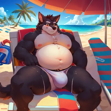 morbidly obese canine anthro, black fur, red trench coat, blue underwear, bursting tight clothing, gigantic exposed belly overflowing beach chair, furry artist Tsampikos, top anthro illustrator Kenket, renowned furry artist Falvie, digital painting master ...