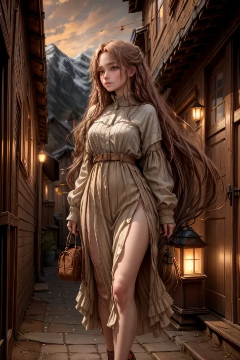 The painting style is quiet and the lights are yellow. The houses are nestled among the distant mountains, and the willows in the courtyard sway in the wind. Several layers of light red curtains add a bit of mystery to the deep scenery, the woman is alone,...