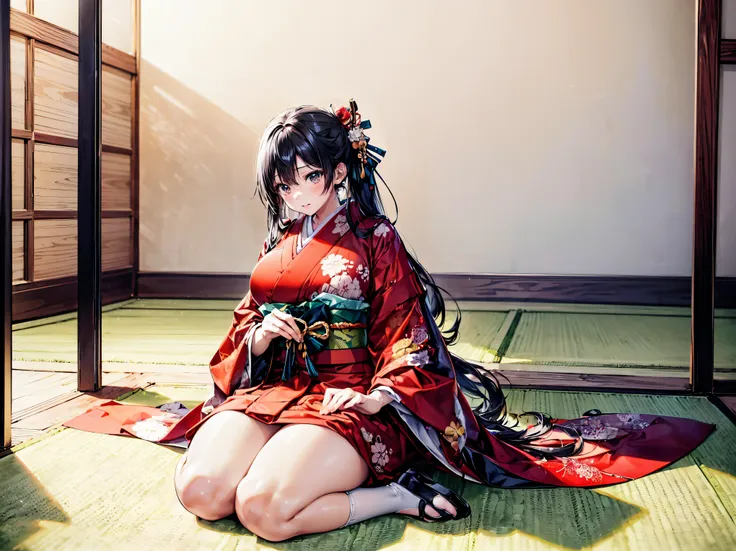 (solo girl:1.3), (straight long hair, shiny and glossy black hair:1.3), traditional japanese clothing, traditional japanese kimo...