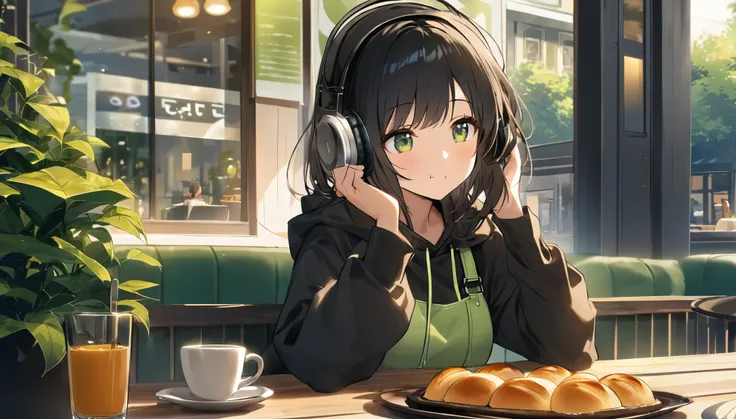 A woman with black hair and cute clothes,The wind is strong and her black hair is blowing。She puts on headphones、Wearing an oversized black hoodie。Eating bread on the terrace of a cafe、Enjoying a morning with the sunlight streaming in gently。The exterior o...