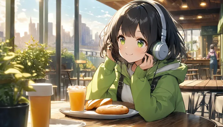 A woman with black hair and cute clothes,Her short black hair is fluttering。She puts on headphones、Wearing an oversized hoodie。Eating bread on the terrace of a cafe、Enjoying a morning with the sunlight streaming in gently。The exterior of the cafe is based ...