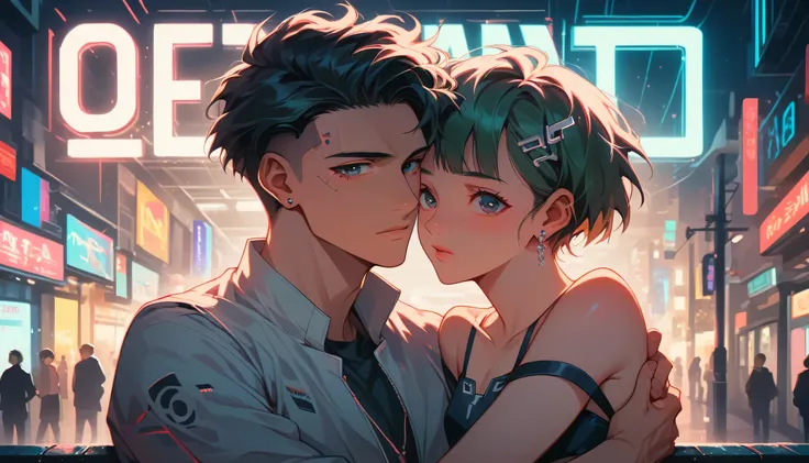 heterosexual couple:1.5, A YOUNG MAN A YOUNG WOMAN cyberpunk hugging looking at the camera, anime manga style:1.5, cyber computing station, terminals, Neon lights, Cinematic lighting, Hollywood style, super sharp image, masterpiece, HD,8k