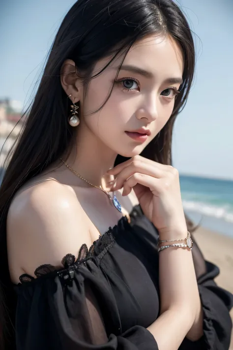 High quality、Rich in details、30 years old、Baby Face：1.8、（（Breast sagging：1.3））。[They are wearing vintage gothic clothing，Wear a bracelet，Wearing earrings and necklace。You can also see the big。The photo is a close-up of the face，，Shiny Breasts，There is swea...