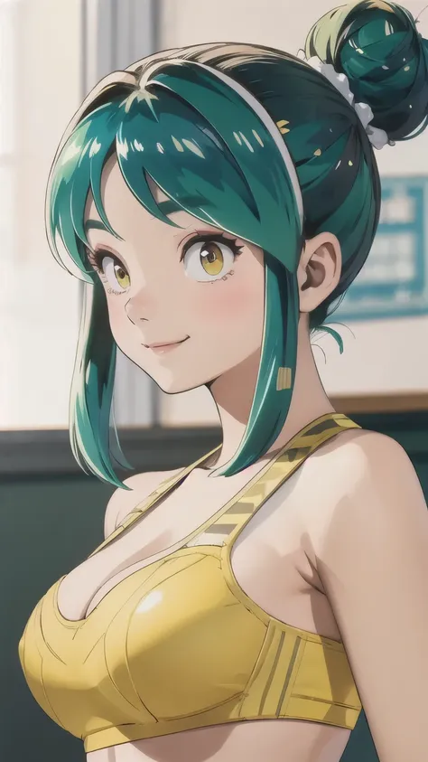 ram、yellow sports bra、green hair、bun hair、upper body、face close-up、photographed from the front、smile、blush、large breasts、masterp...