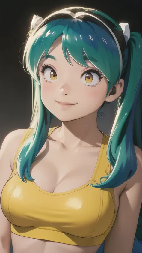 Ram、Yellow sports bra、Green Hair、Twin tails、Upper Body、Face close-up、Photographed from the front、smile、blush、Large Breasts、masterpiece、Simple Background、Best Quality